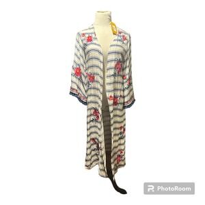Andree by Unit Island Flair Kimono Blue White Striped Floral Embroidered Small